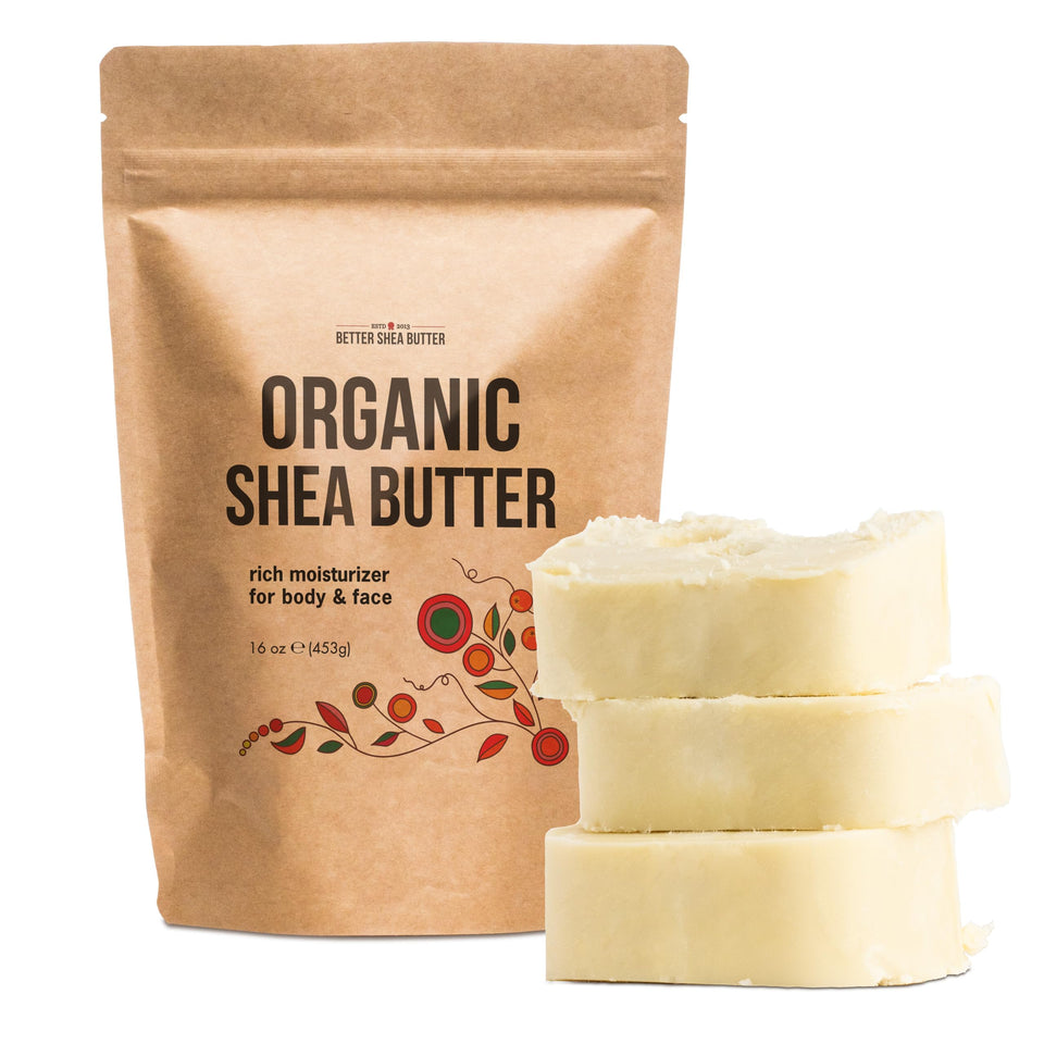 Better Shea Butter raw unrefined 1lb bar, provides deep hydration for very dry skin.