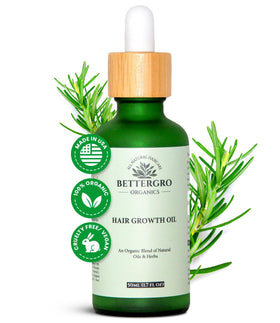 BetterGRO Organic Hair Growth Oil bottle showing the herbal blend for nourished roots.