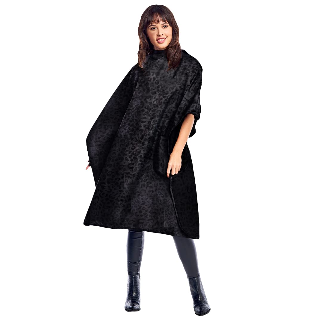 Betty Dain Black Jaguar cape front view shows full coverage for bleach protection.