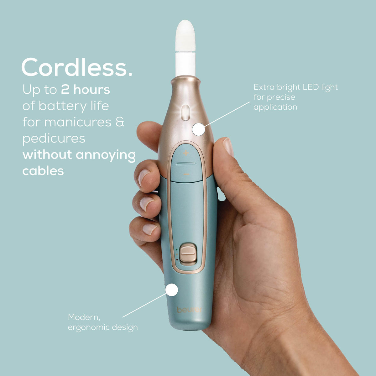 Beurer MP84 cordless nail file enables seamless grooming without cords.
