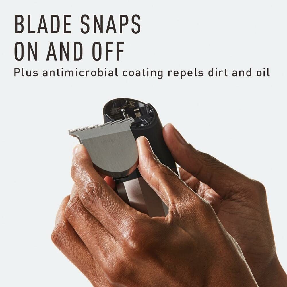 Bevel blade coating repels dirt and oil for easier cleaning.