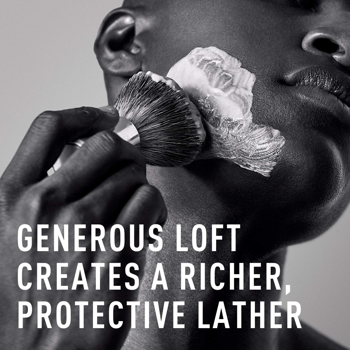 Bevel shaving brush lifts hairs for easier razor glide and closer shave.