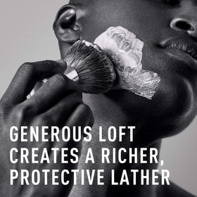 Bevel shaving brush lifts hairs for easier razor glide and closer shave.