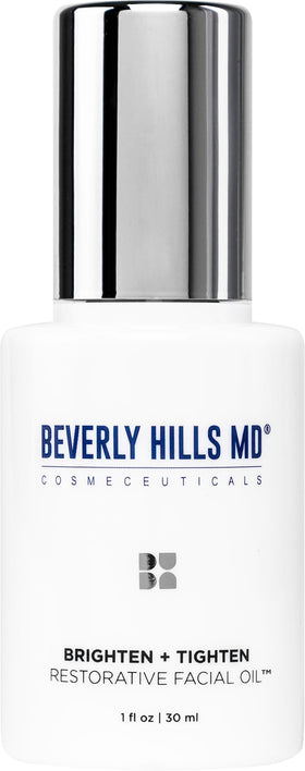 Beverly Hills MD Brighten + Tighten oil bottle promotes firmer, smoother skin