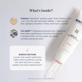 Step-by-step application image rolling serum along neck, chin, and jawline