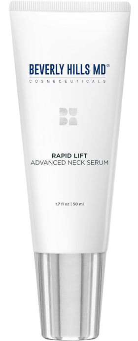 Beverly Hills MD Rapid-Lift neck serum bottle highlighting premium packaging for skincare.