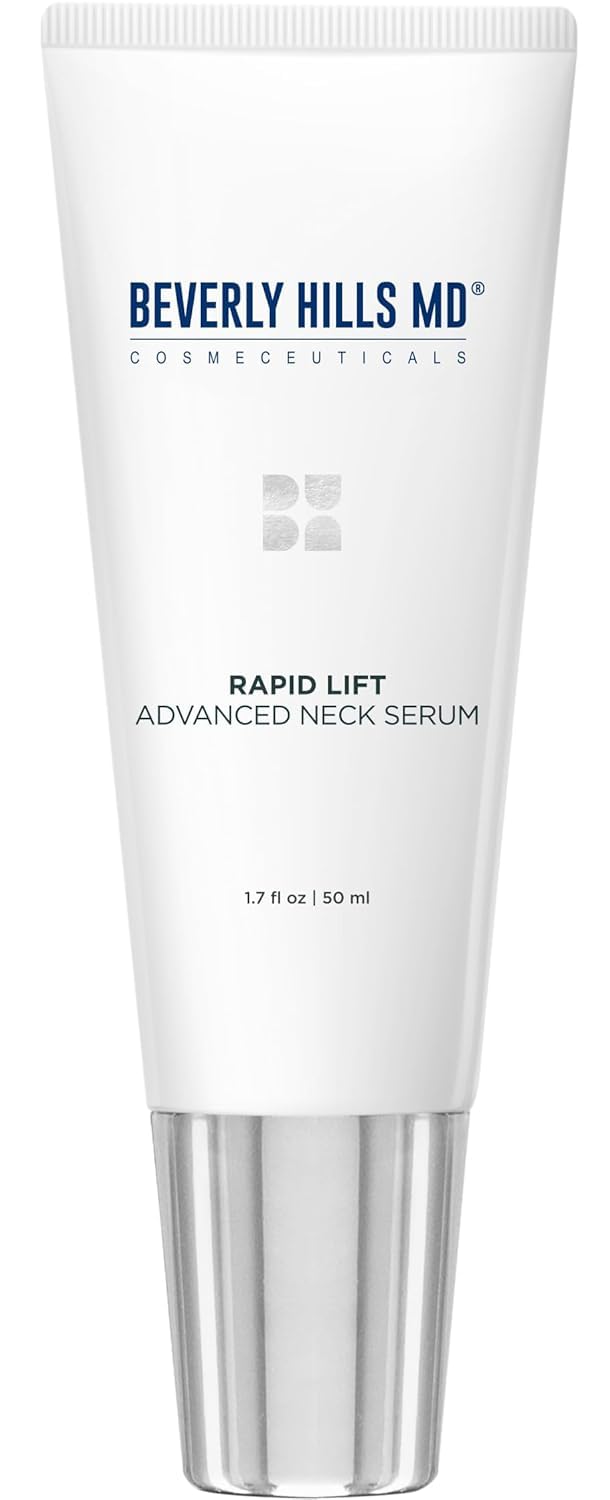 Beverly Hills MD Rapid-Lift neck serum bottle highlighting premium packaging for skincare.