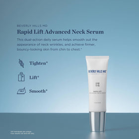 Beverly Hills MD Rapid-Lift neck serum dropper dispensing a lightweight daily solution.