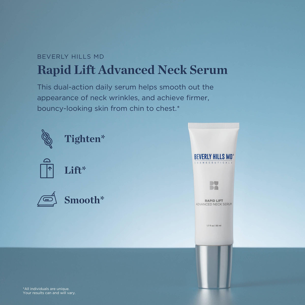 Rapid-Lift neck serum with rose quartz roller applying to neck area for smoother contour