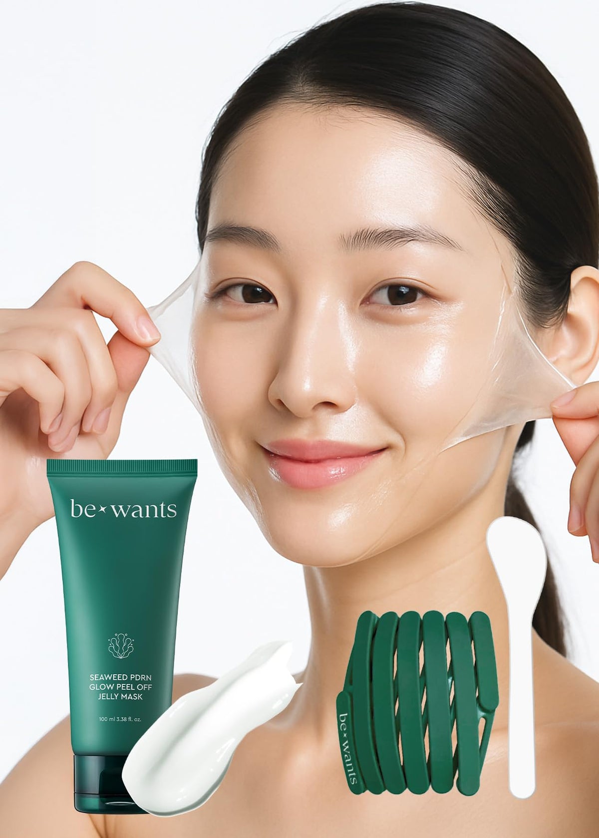 BE+WANTS Seaweed PDRN Glow Peel Off Jelly Mask spreads evenly for gentle exfoliation and glow.