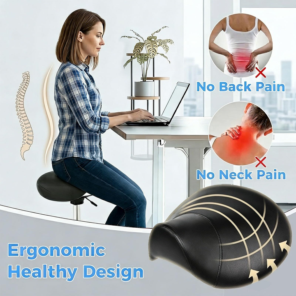 BEWISHOME Saddle Stool with 360-degree wheels enables smooth, quiet movement on any floor.