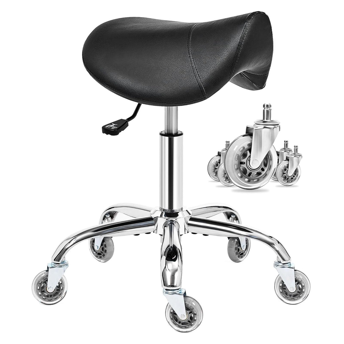 BEWISHOME Saddle Stool with Wheels featuring ergonomic contoured seat for all-day comfort.