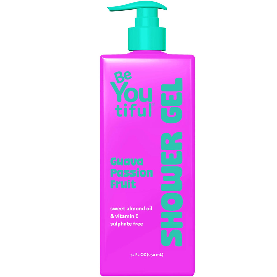 BeYoutiful guava-passion-fruit exfoliating gel bottle for fresh, hydrated skin after shower.
