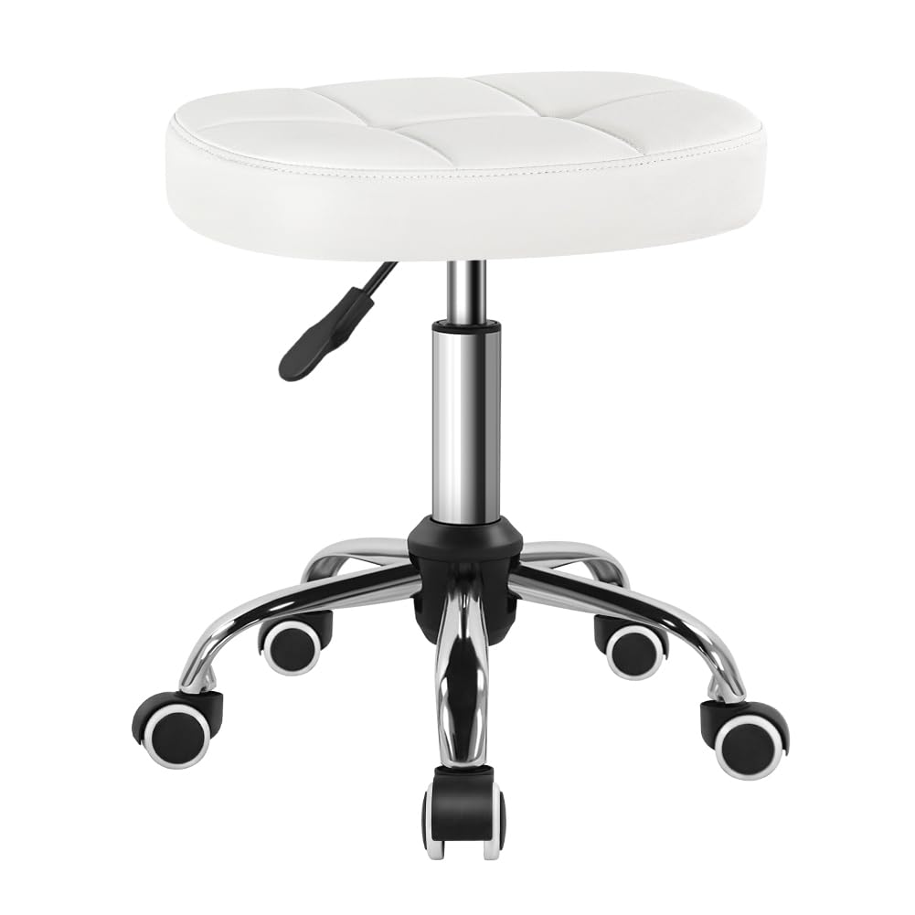 BFTOU White 6-Square Lattice PU Swivel Stool with wheels enables flexible workspace.