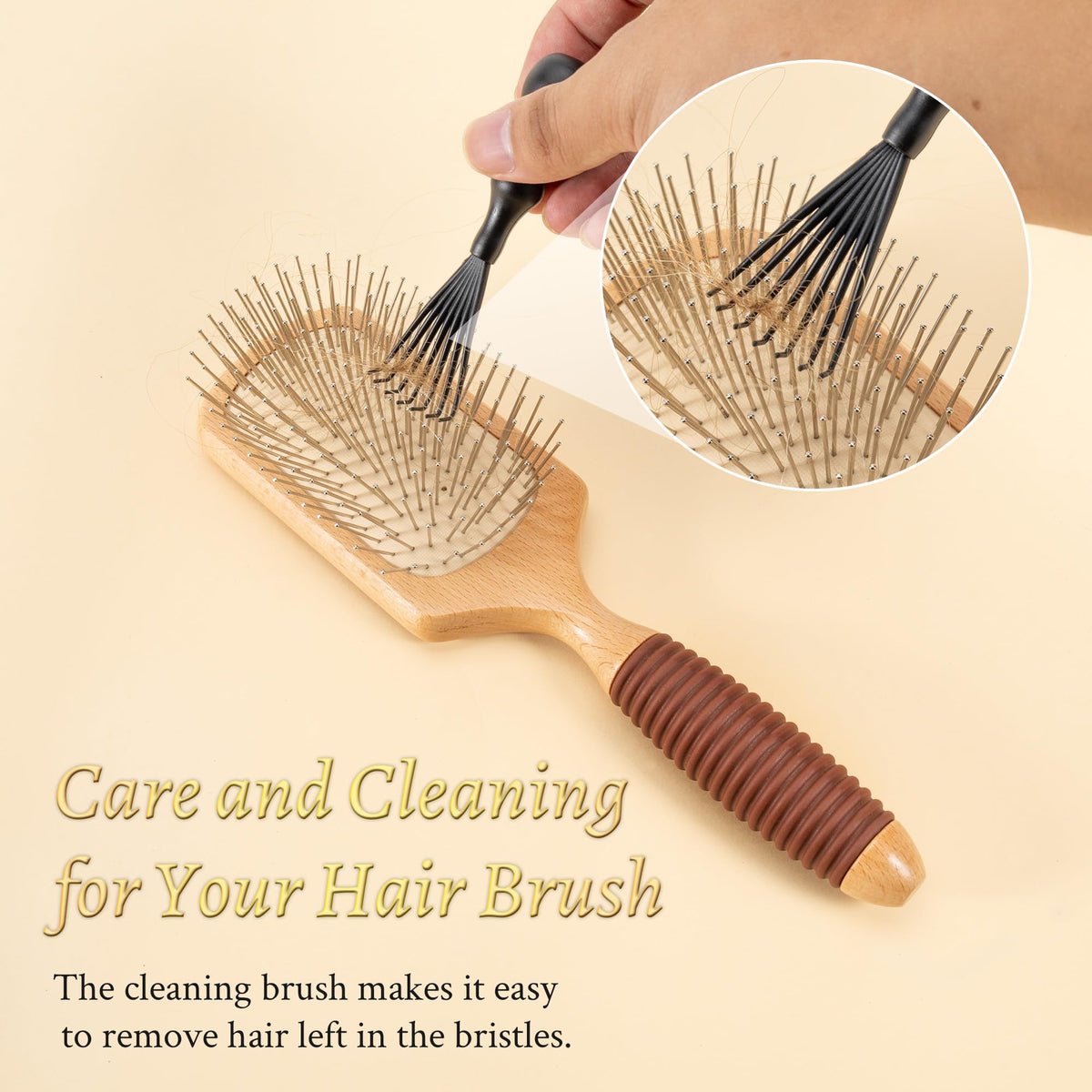 BFWood paddle brush showcased for scalp massage use.