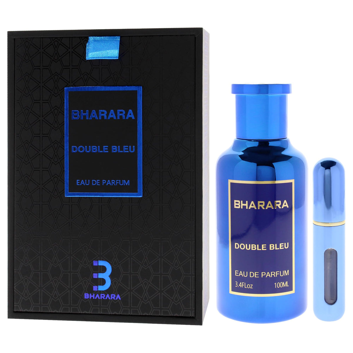 Double Bleu bottle tilt reveals elegant masculine silhouette.