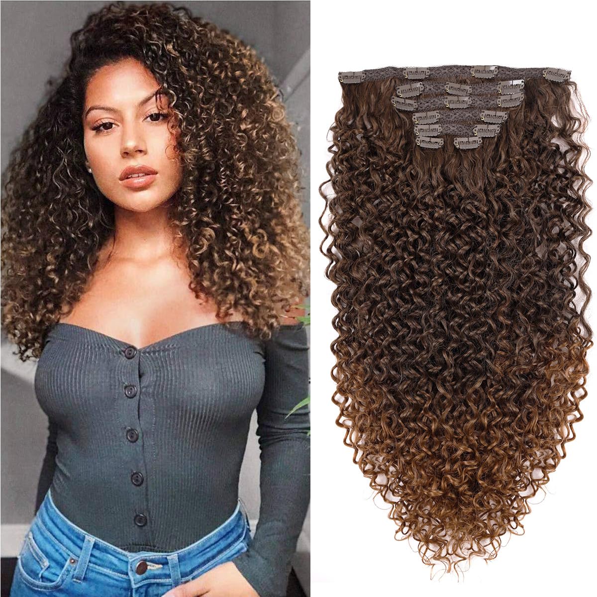 BHF 26-inch kinky curly clip-in extensions blend naturally for everyday volume.