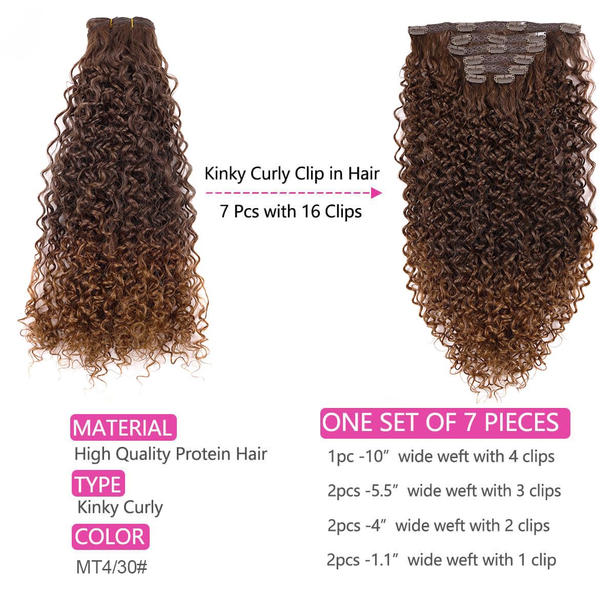 BHF kinky curly clip-in extensions feature durable metal clips for secure reuse.