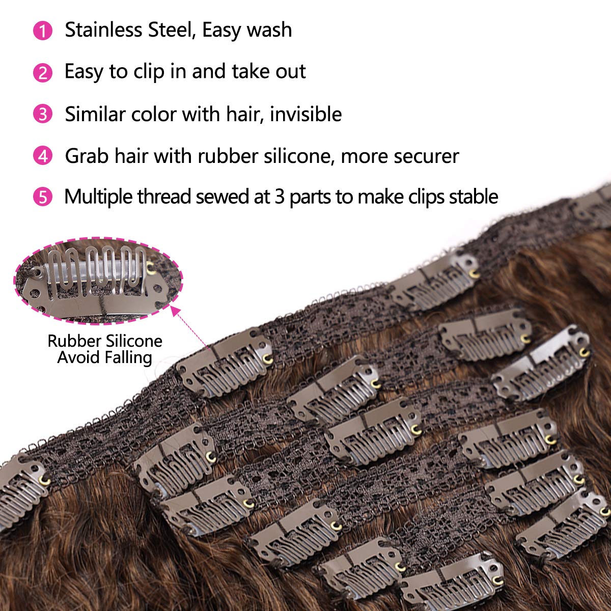 BHF 26-inch kinky curly clip-in extensions use breathable lace wefts for comfort.