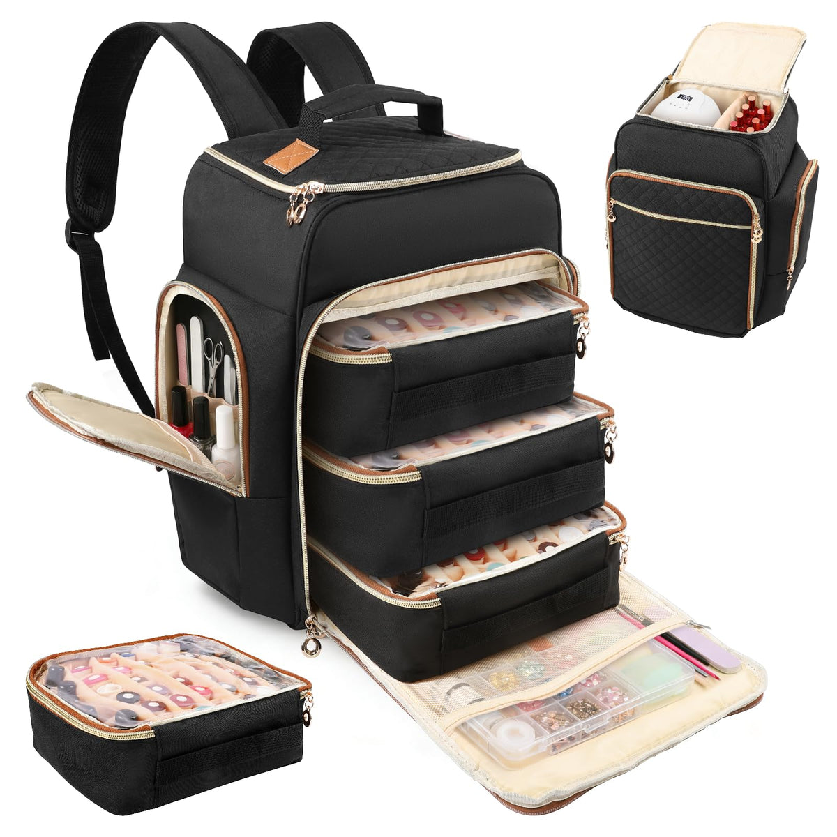 Bibiventa Nail Polish Organizer Backpack shows full capacity for 126 bottles on the go