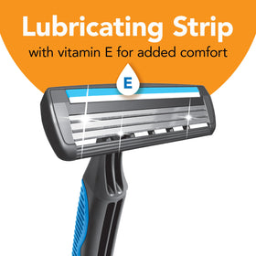 BIC Comfort 3 lubricating strip with aloe and vitamin E for smoother glide.