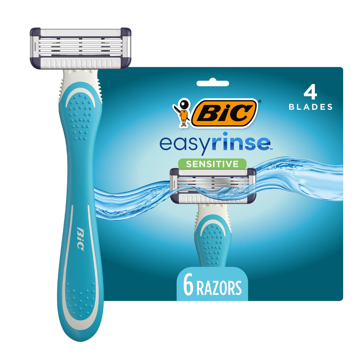 BIC EasyRinse Sensitive razor six-pack front view for up to 90 shaves