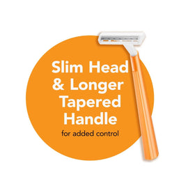 Longer tapered handle provides a secure, comfortable grip during shaving.