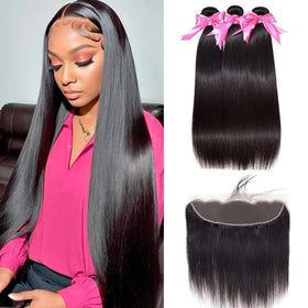 BICNGA 10A Brazilian straight bundles with frontal closure for a seamless weave.