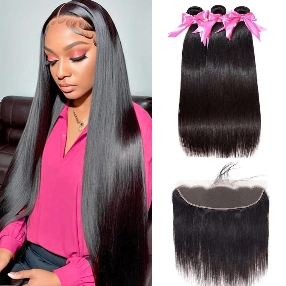 BICNGA 10A Brazilian straight bundles with frontal closure for a seamless weave.
