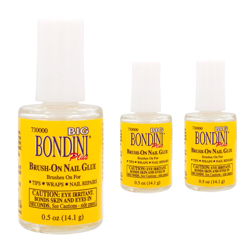 Big Bondini brush-on nail glue for tips ensures precise application and secure tips.