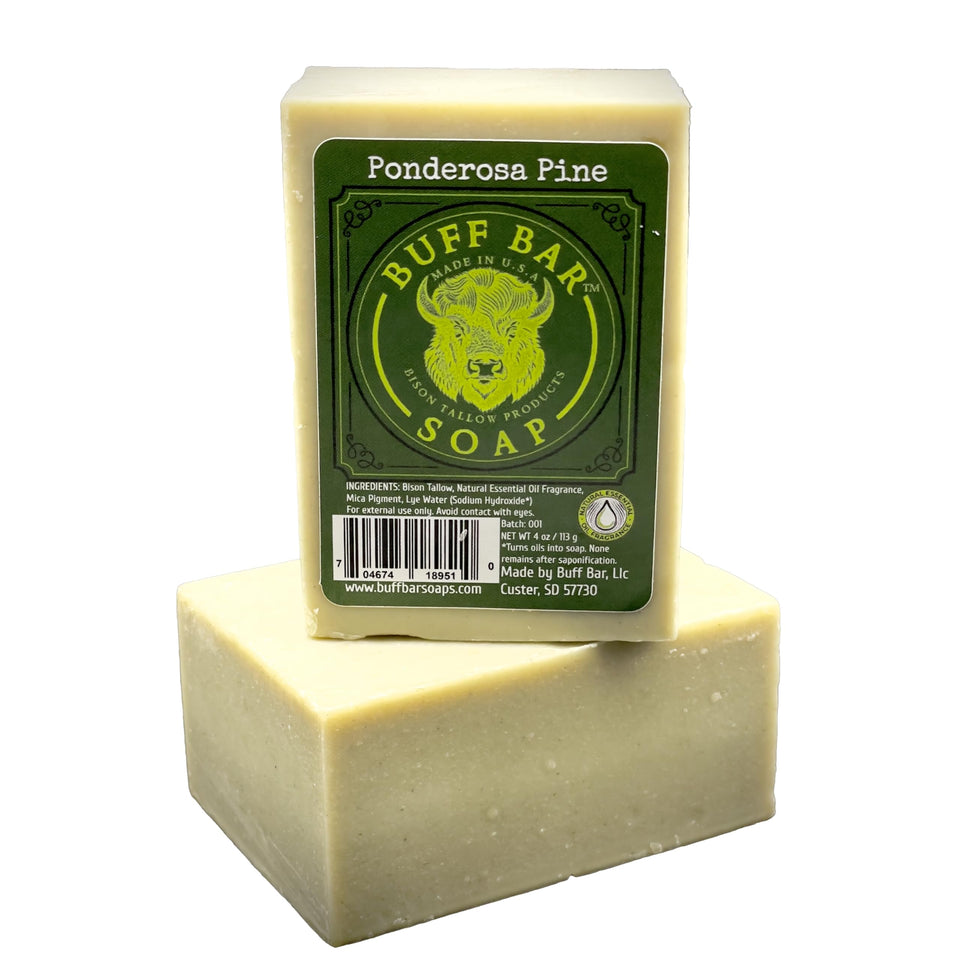 Big Crazy Buffalo Bison Tallow Buff Soap Bar with Ponderosa Pine for deep cleansing and hydration.