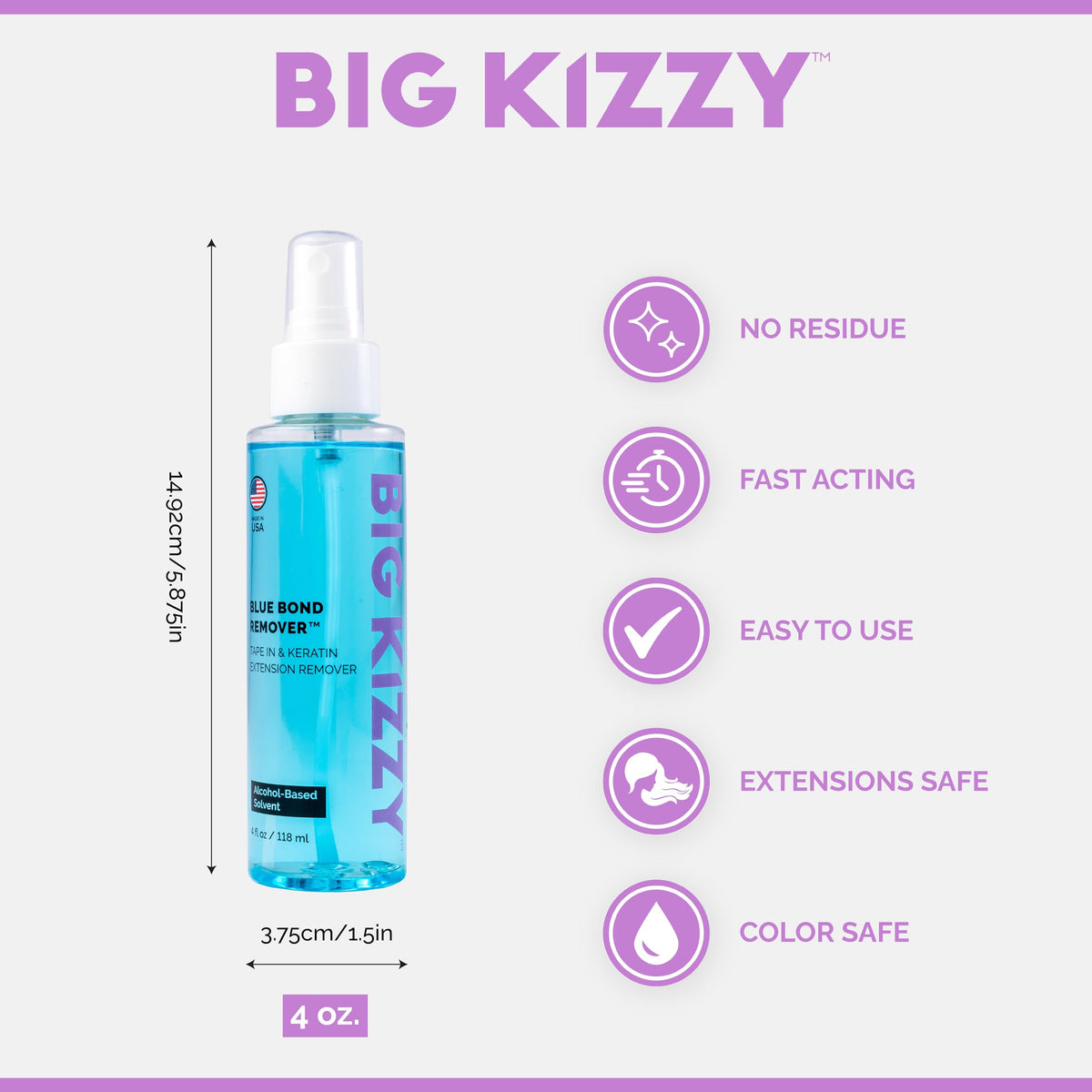 Big Kizzy Blue Bond Remover spray application visuals highlight fast, clean extension removal.