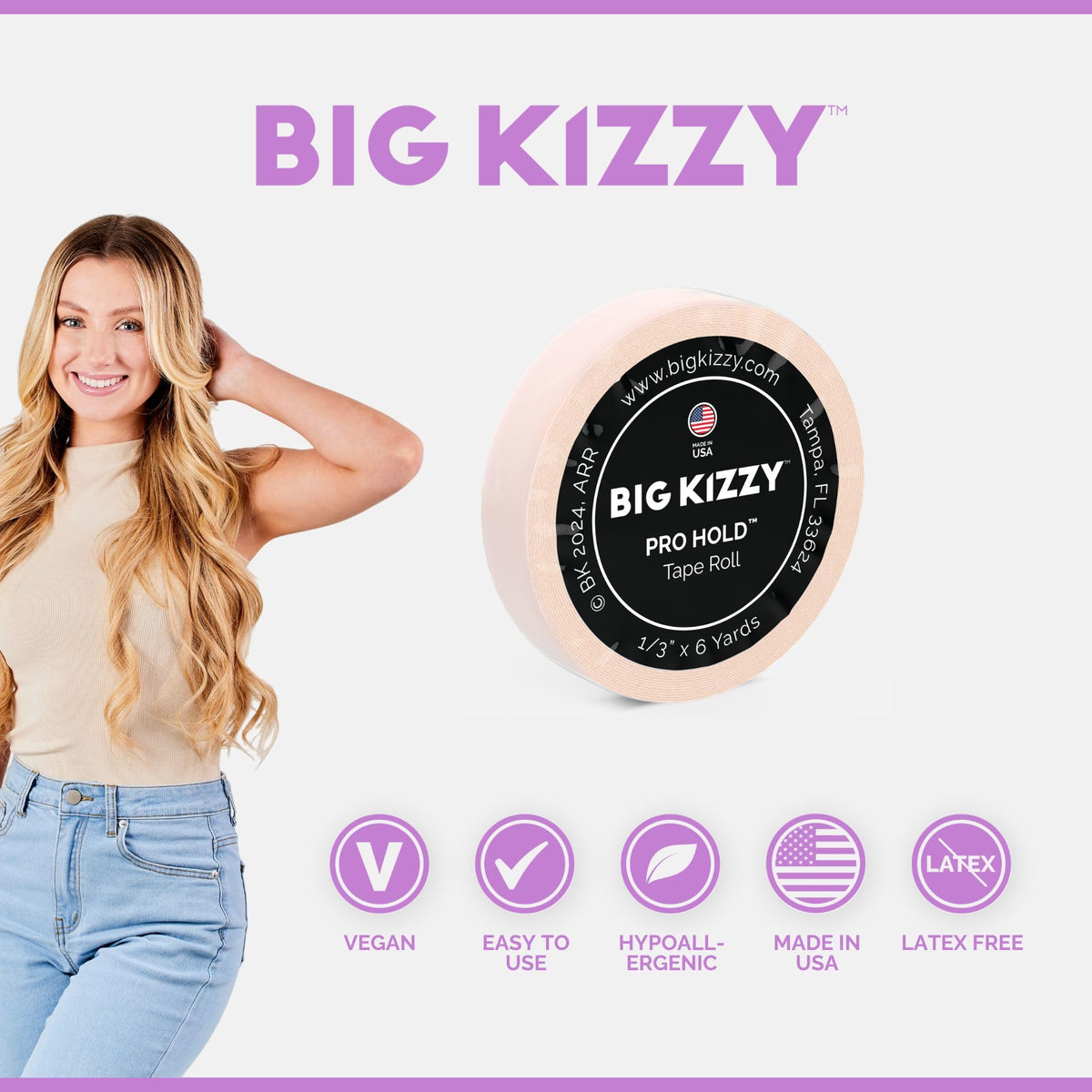 Big Kizzy Pro Hold tape roll application closeup highlights precise, cut-to-length flexibility.
