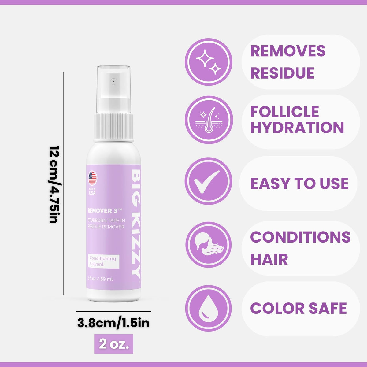 Big Kizzy Remover 3 target area spray eases sticky extensions.