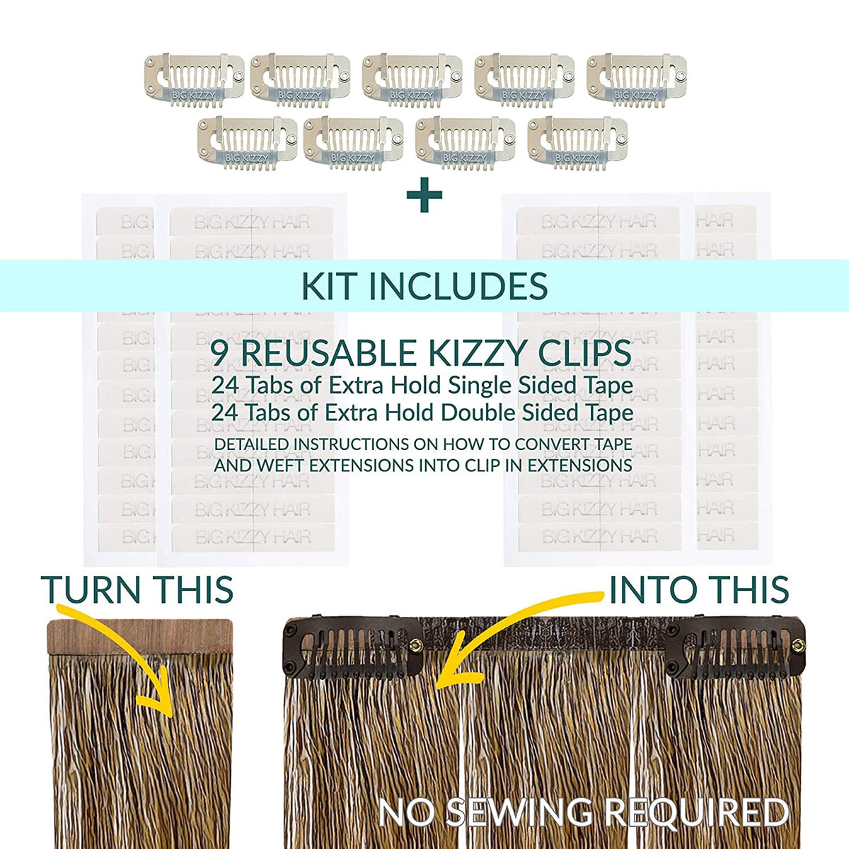 Big Kizzy tape-tabs: single- and double-sided tape for seamless extension adhesion.