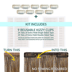 Big Kizzy tape-tabs: single- and double-sided tape for seamless extension adhesion.