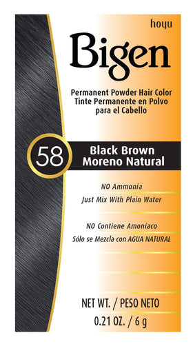 Bigen #58 Black Brown permanent powder bottle close-up for easy at-home color.