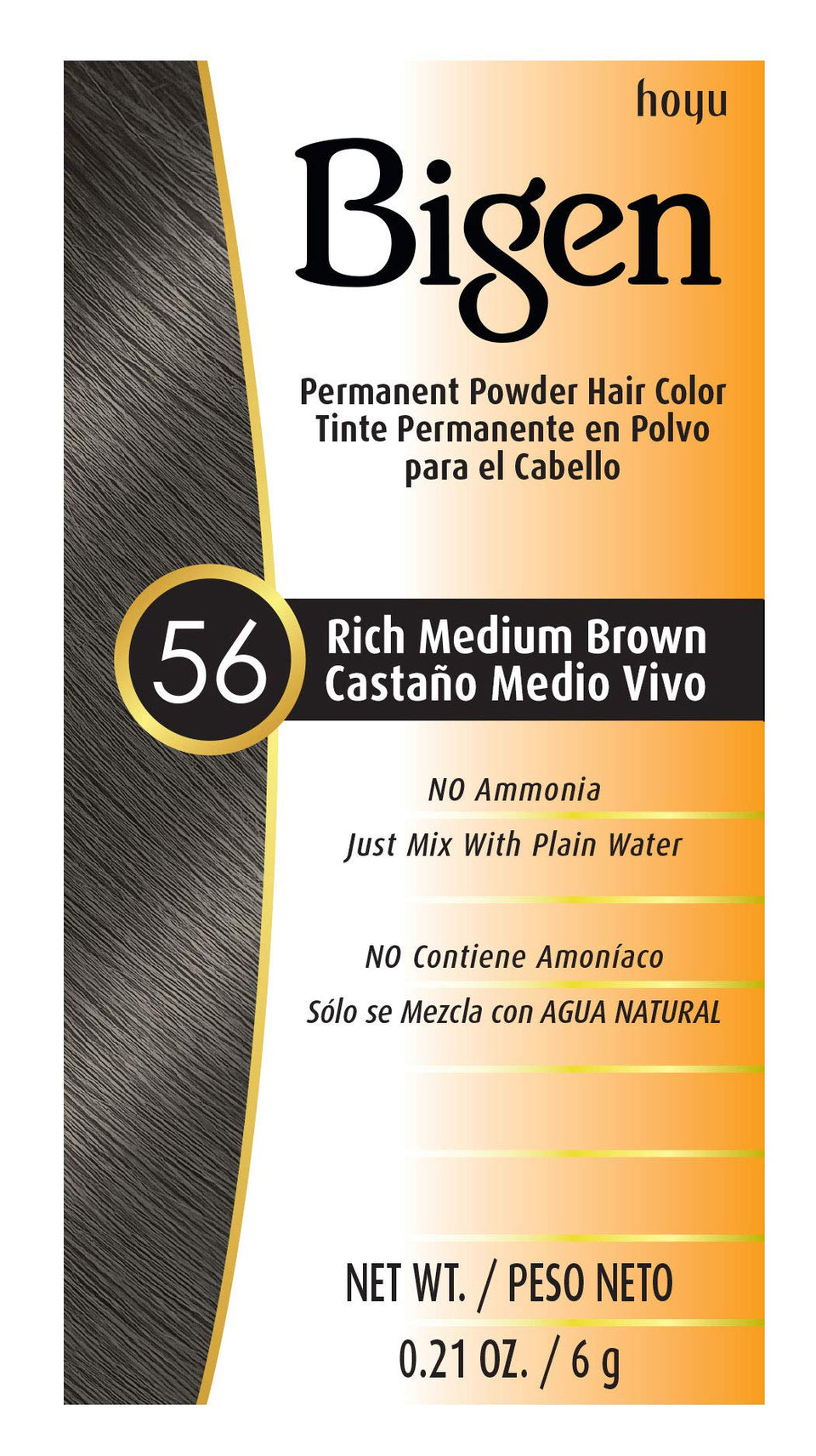 Bigen powder hair color in Rich Medium Brown 56, 3-pack, water-activated formula for at-home coloring.