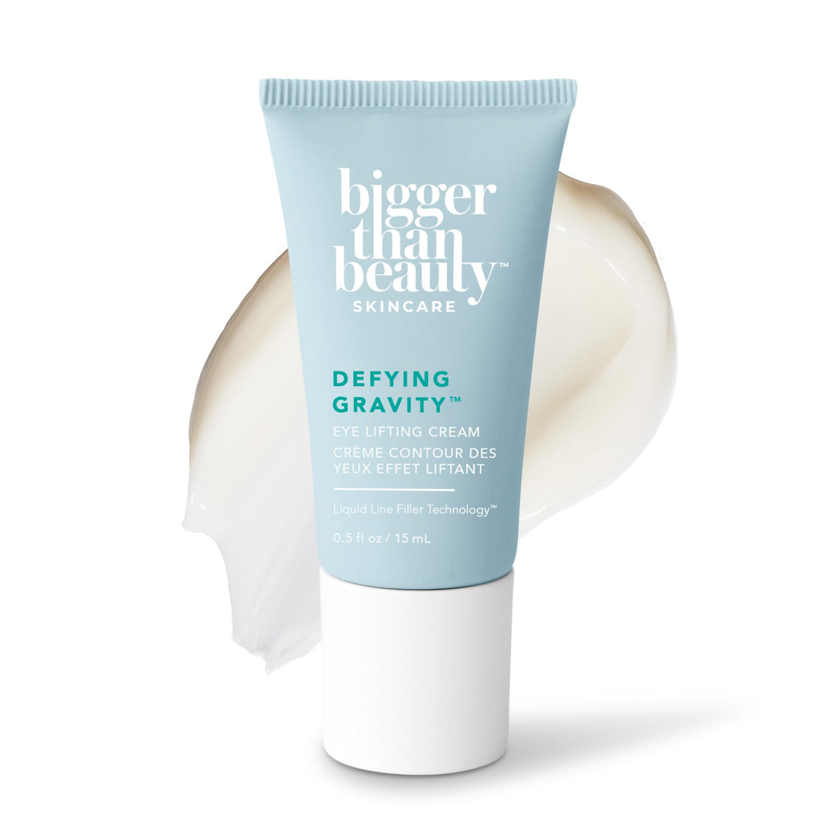 Bigger Than Beauty Defying Gravity eye cream packaging showing travel-friendly bottle for on-the-go care