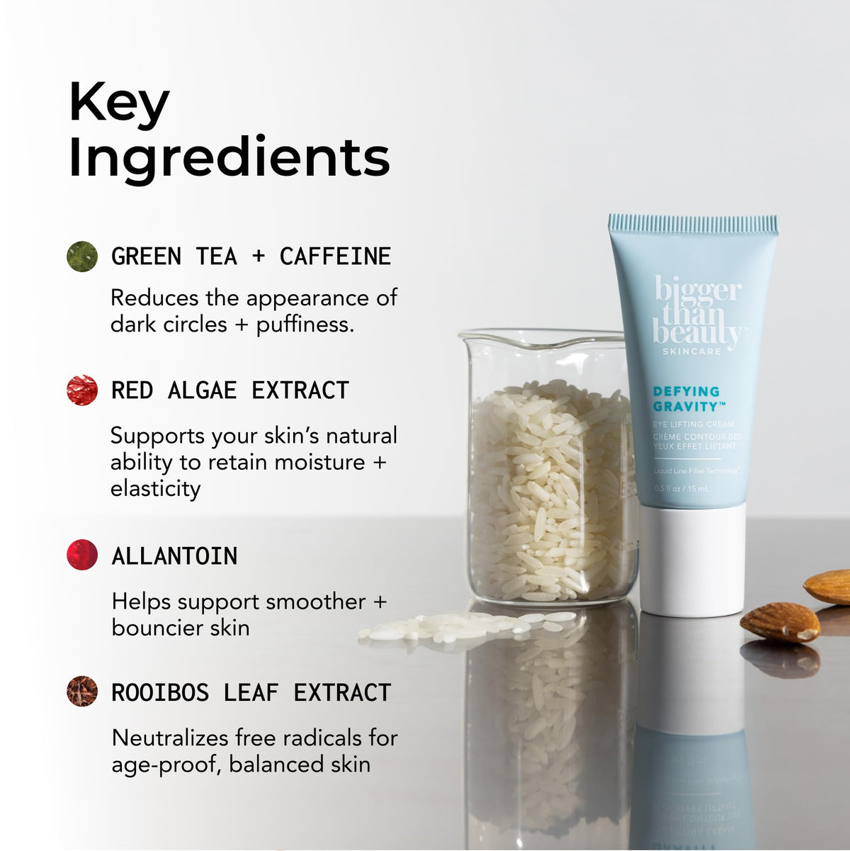 Rooibos and allantoin in Bigger Than Beauty eye cream condition and protect the skin
