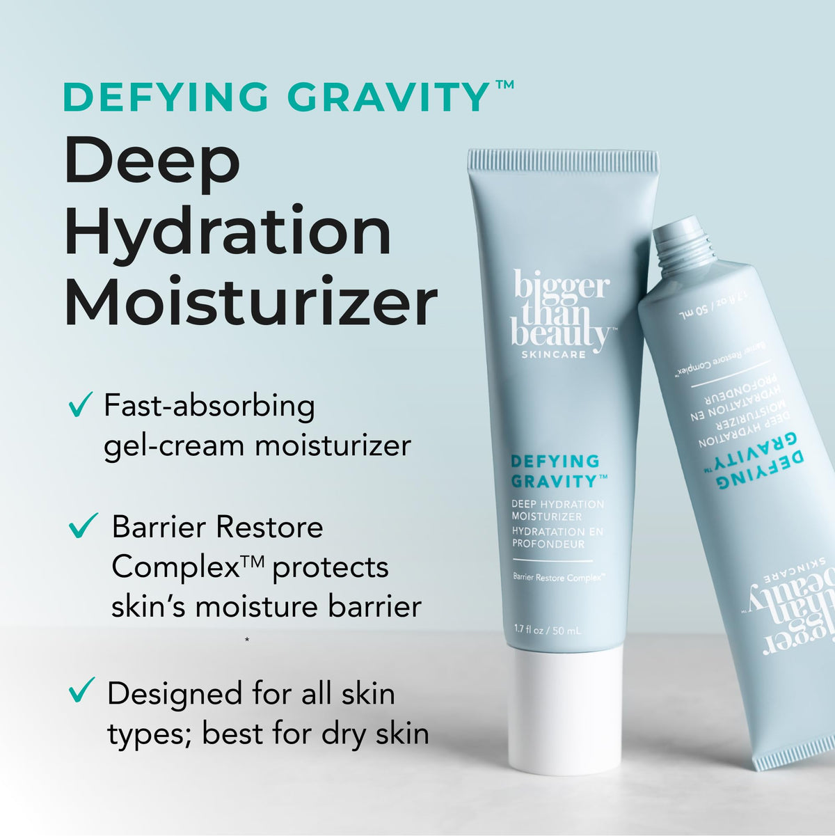 Bigger Than Beauty Defying Gravity gel-cream texture swatch showing lightweight hydration
