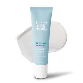 Bigger Than Beauty Defying Gravity moisturizer tube label close-up for everyday hydration