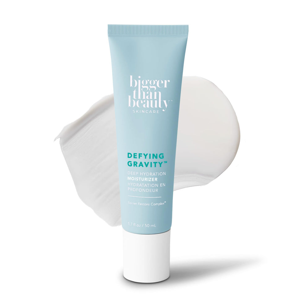 Bigger Than Beauty Defying Gravity moisturizer tube label close-up for everyday hydration