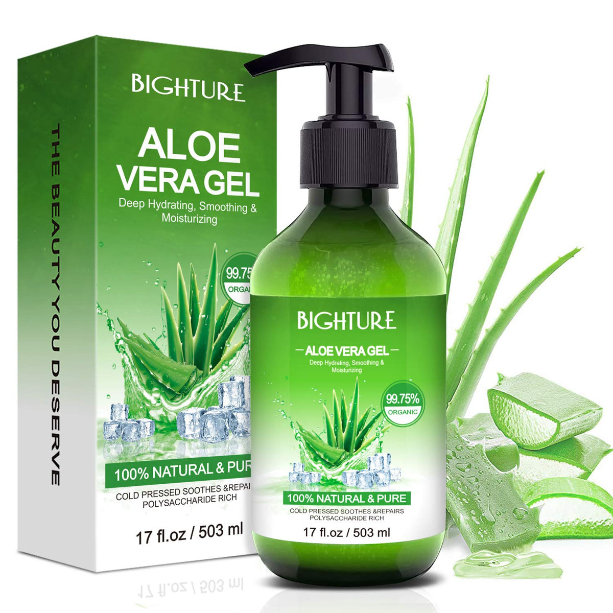 BIGHTURE Aloe Vera Gel bottle for the face provides hydration and gentle soothing.