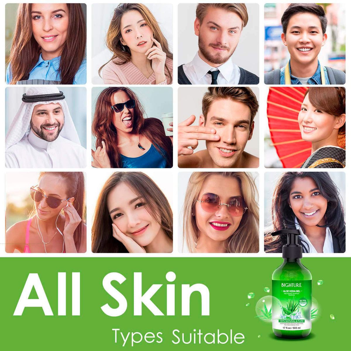 Close-up shows smooth skin texture with BIGHTURE Aloe Vera Gel.