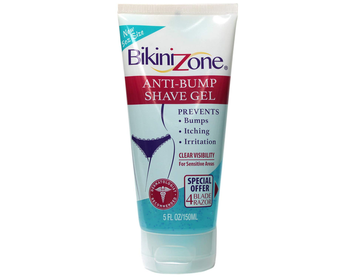 Bikini Zone shave gel bottle poured for smooth bikini-area shaving