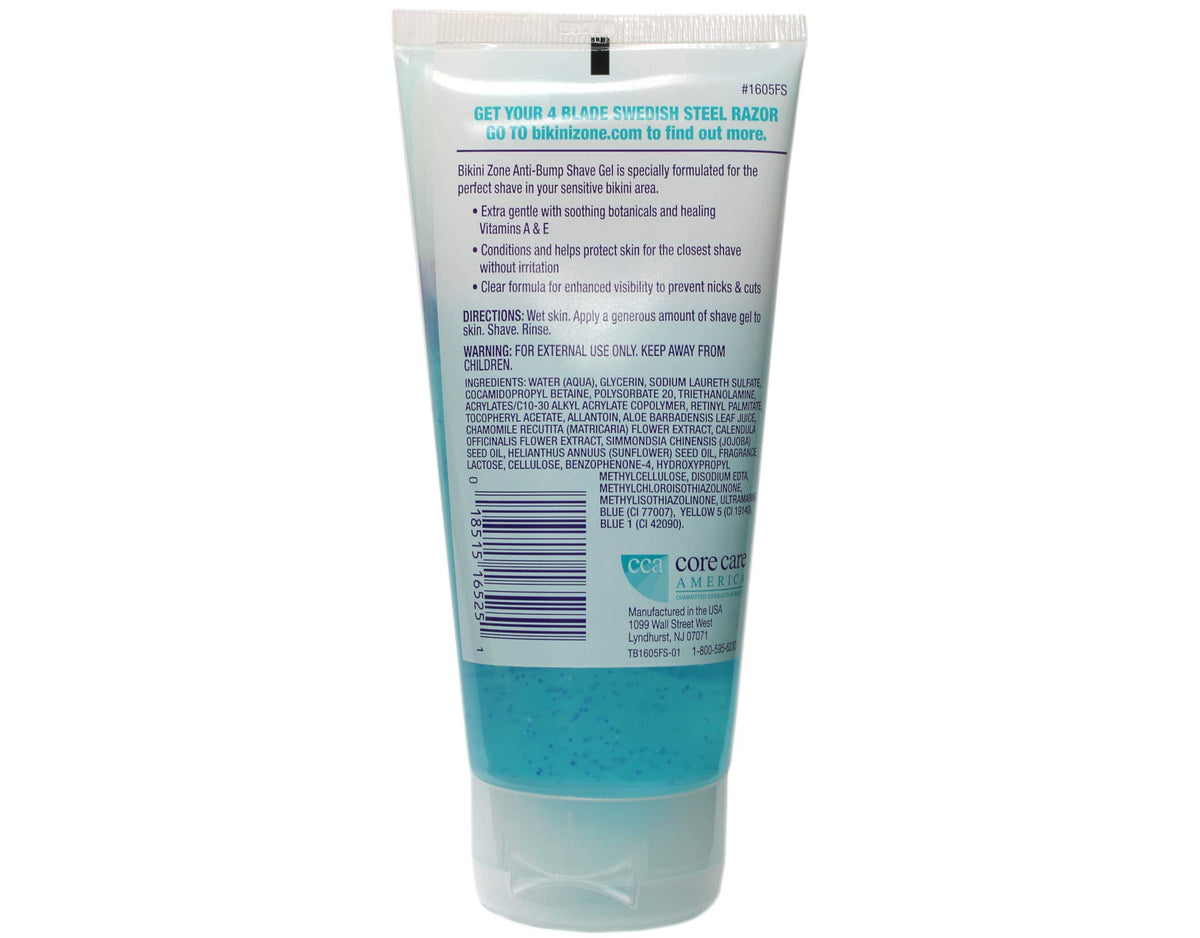 Bikini Zone shave gel close-up of tube highlighting soothing formula for sensitive skin