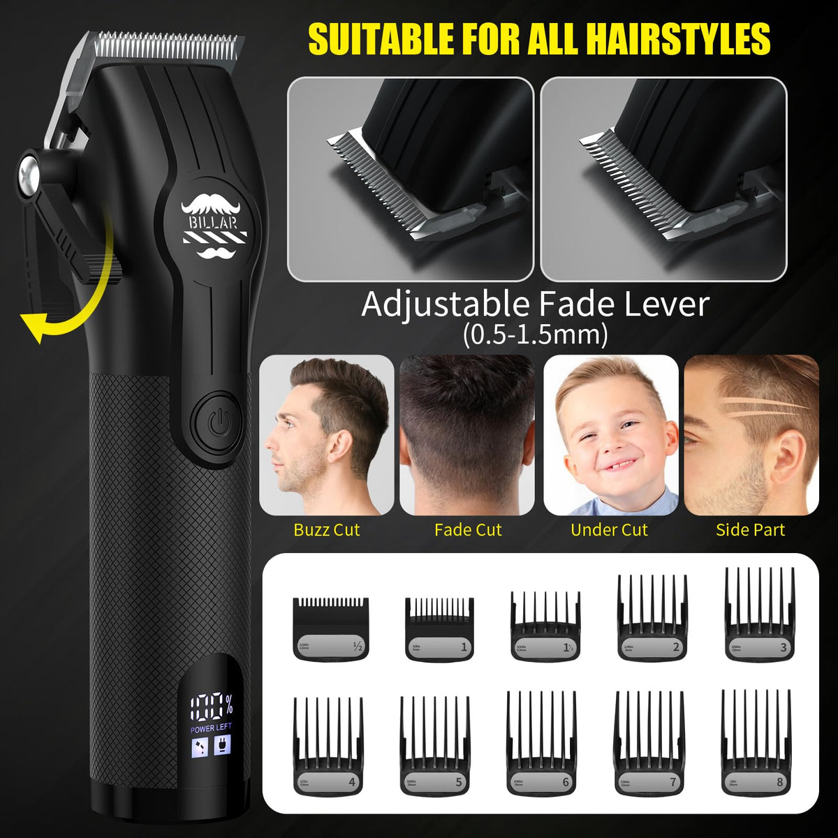 BILLAR cordless barber kit adjustable length lever in action