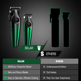 BILLAR hair clipper green with eight guide combs for adjustable fade styles.