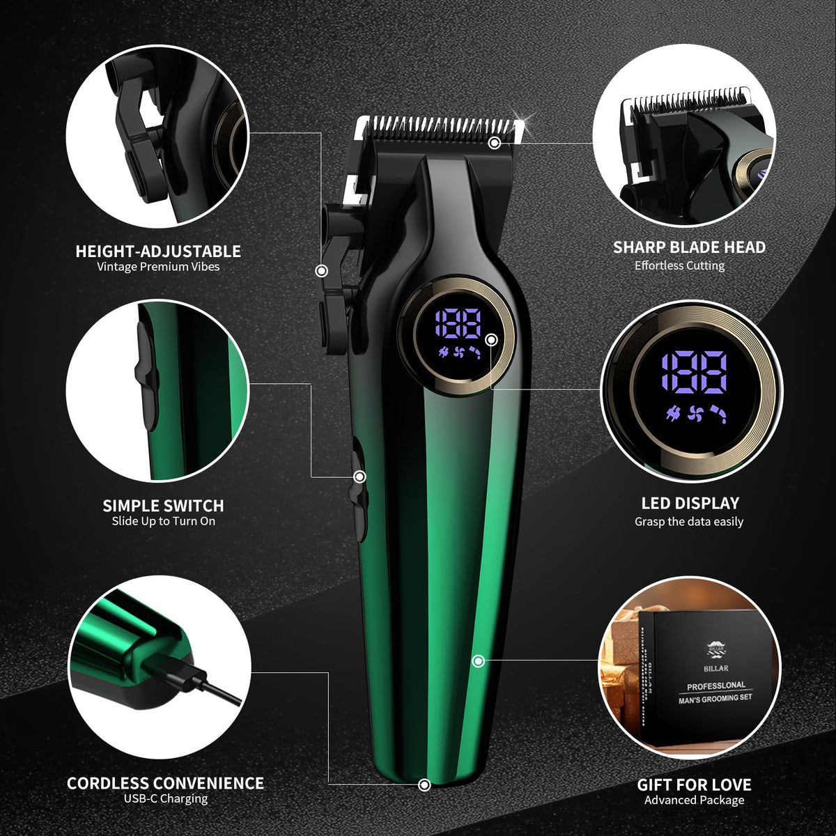 BILLAR professional hair clipper green side view ideal for even tapering and balanced home haircuts.